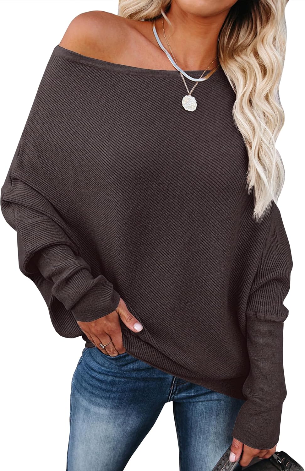 Womens Off Shoulder Sweaters for Fall - Loose Fit Knit Tops