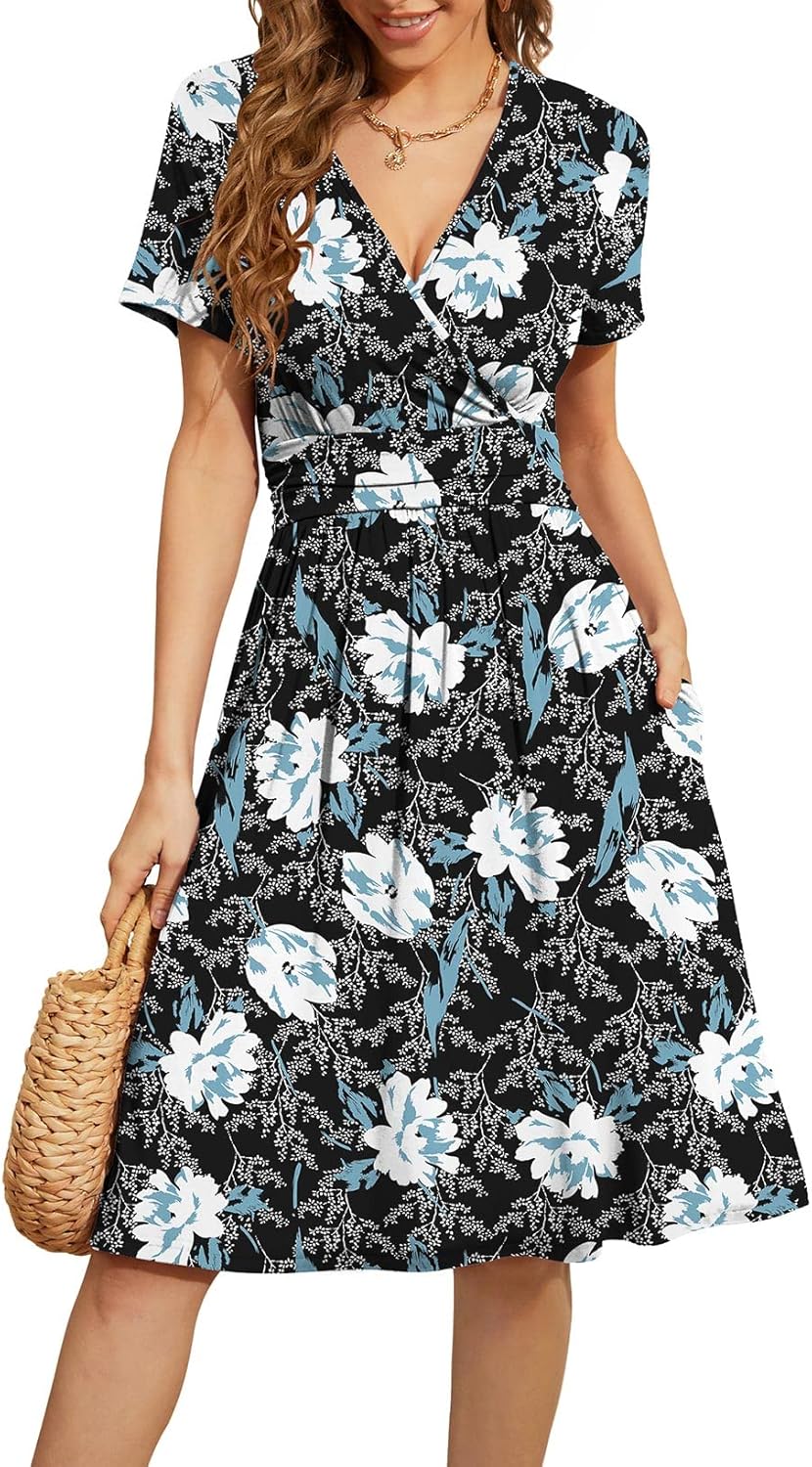WEACZZY Women's Summer Short Sleeve Casual Floral Dress with Pockets