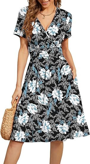 WEACZZY Women's Summer Short Sleeve Casual Floral Dress with Pockets