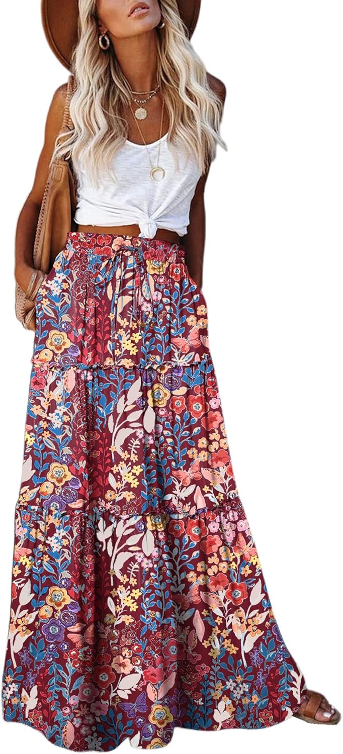 EARKOHA Womens Casual High Waist Tie Paisley Print Maxi Skirt