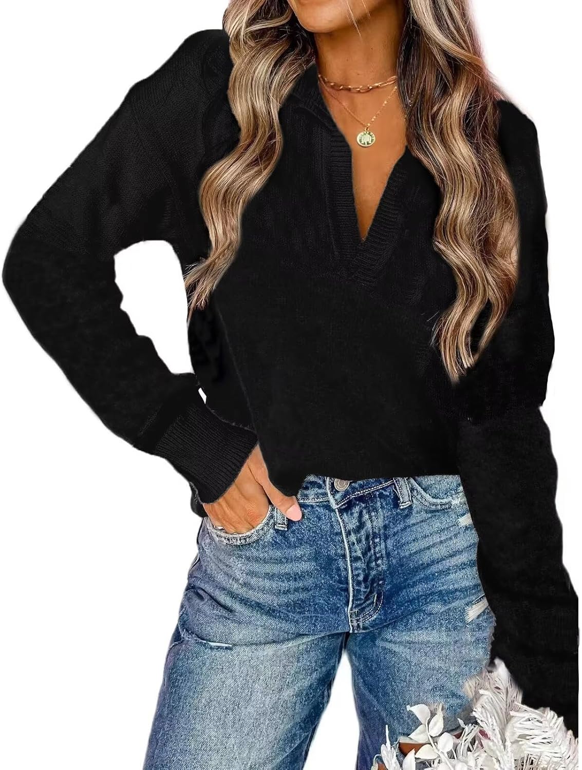 CiCiBird Women Fall V Neck Sweater Color Block Casual Pullover