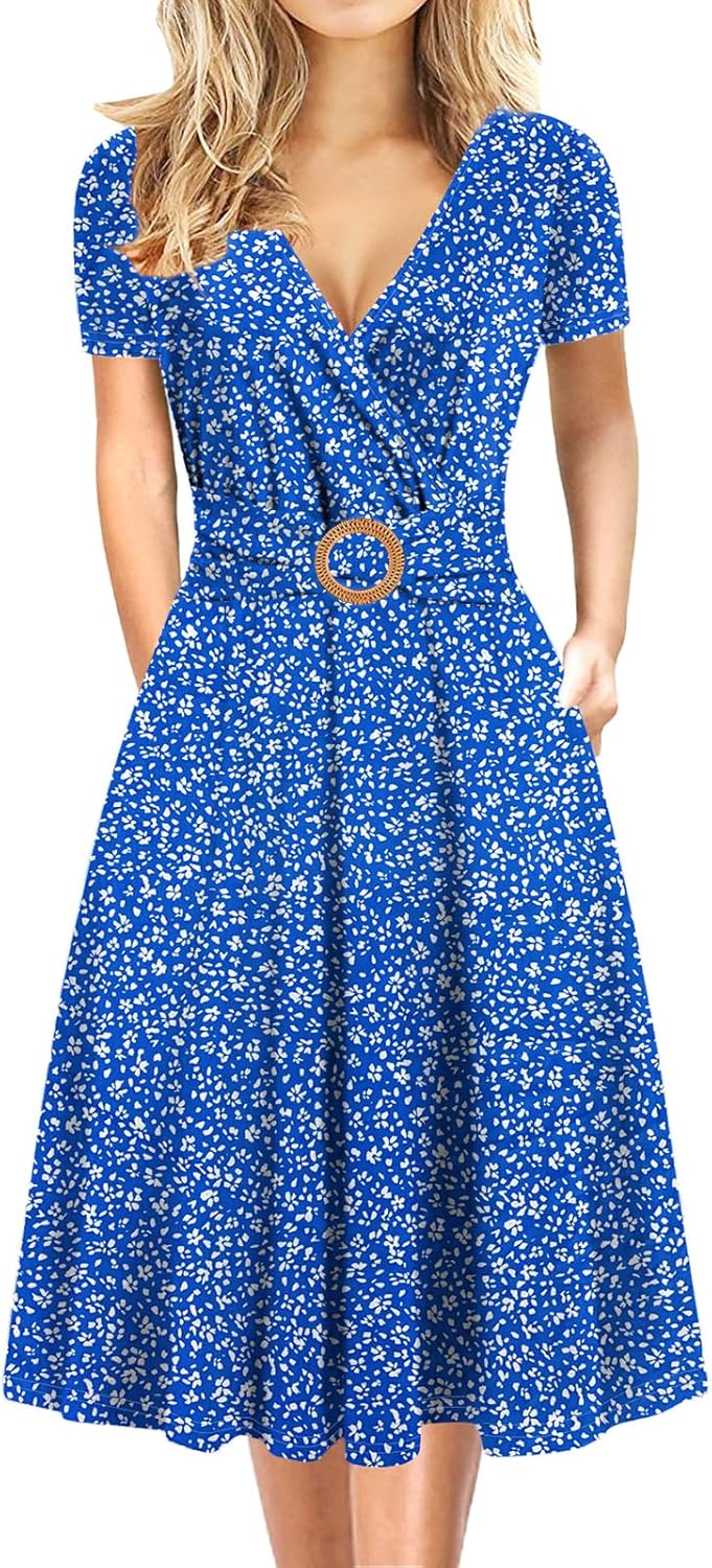 Elegant Criss-Cross V Neck Vintage Short Sleeve Dress with Pockets