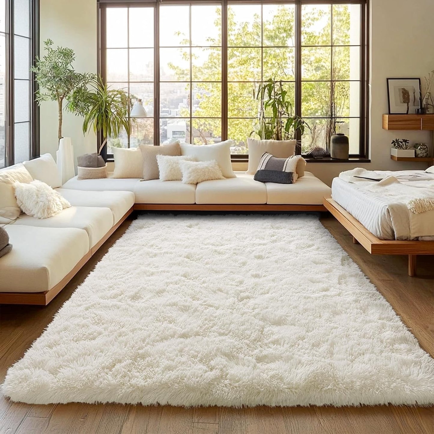 Cream White Plush Rug for Living Room and Bedroom Decor
