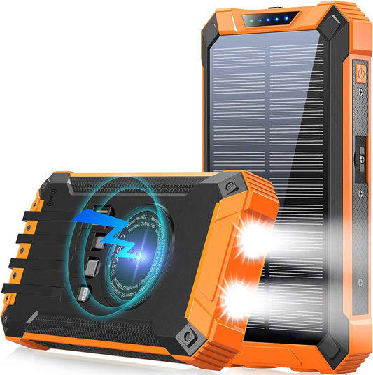 36000mAh Fast Charging Power Bank - 6 Outputs, Solar, Dual Flashlights