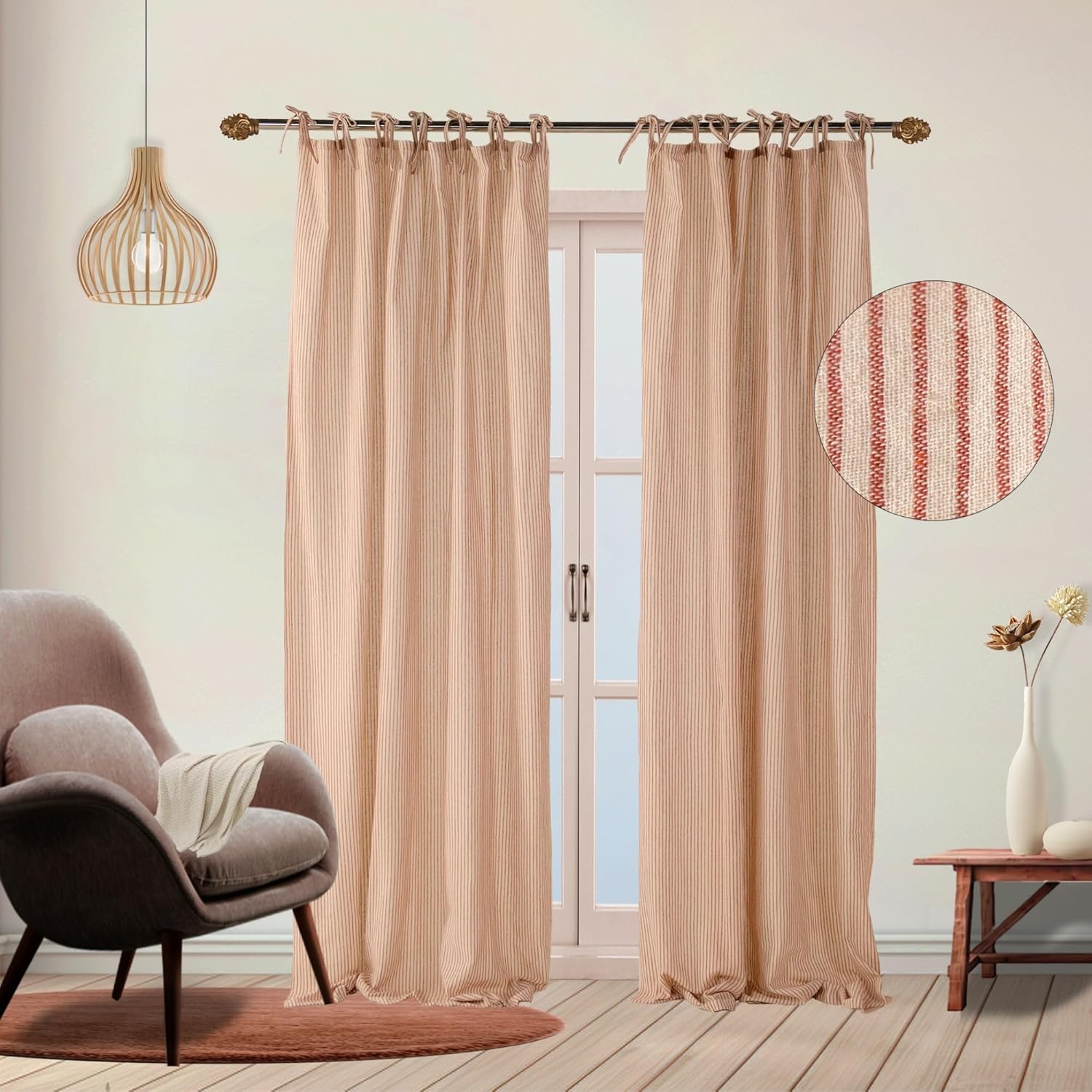 Maroon Striped Linen Curtains Set - Semi Blackout