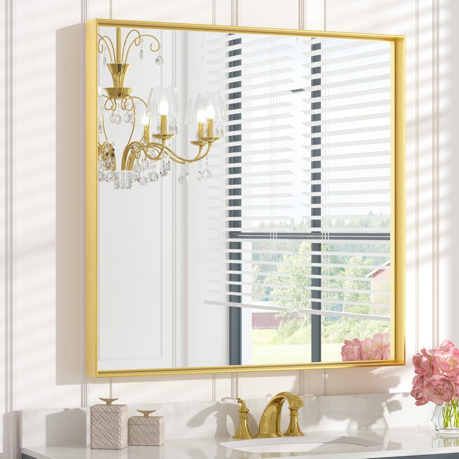 Keonjinn Brushed Gold Bathroom Mirror 36 x 36 Inch Square Design