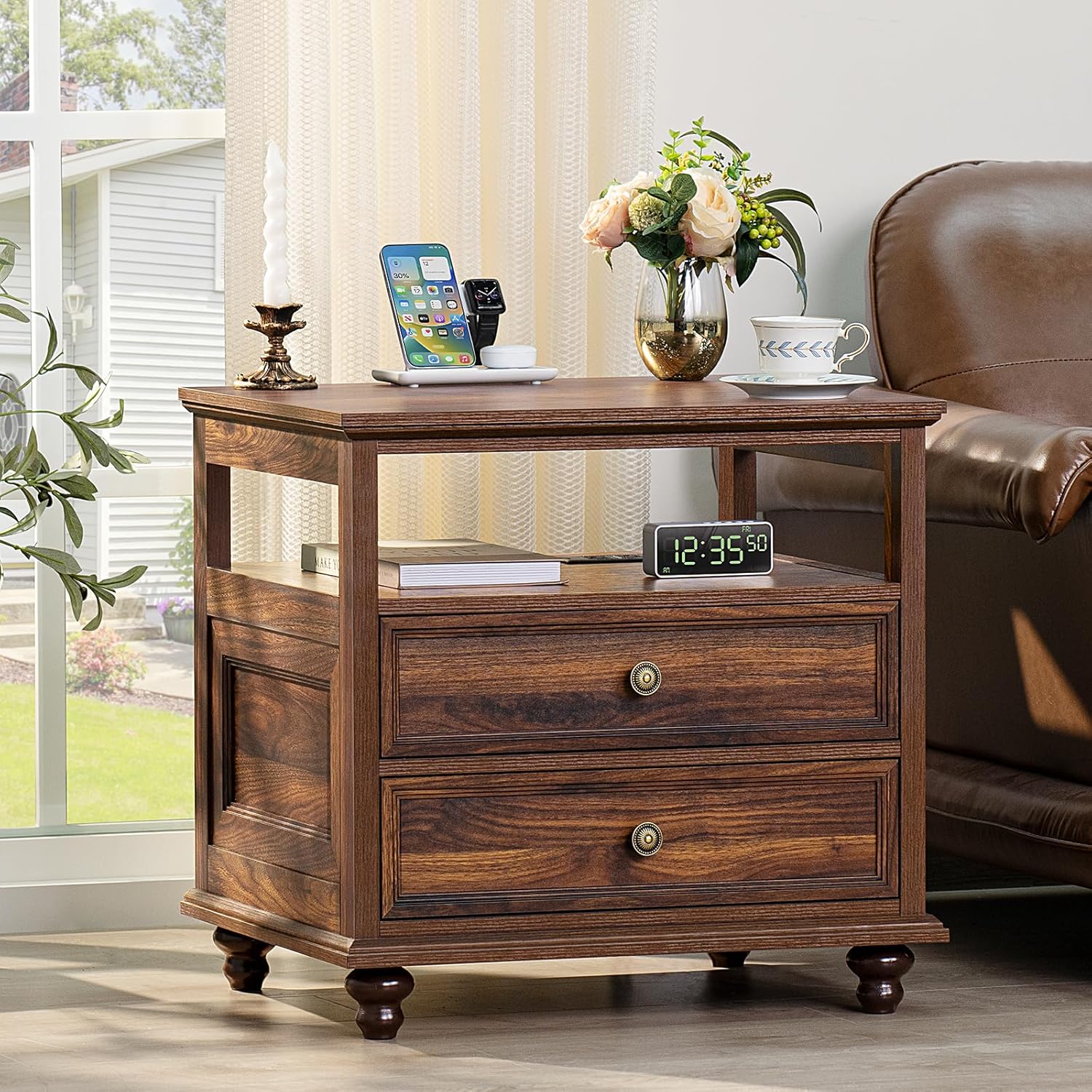 Farmhouse Nightstand with Charging Station for Bedroom Use