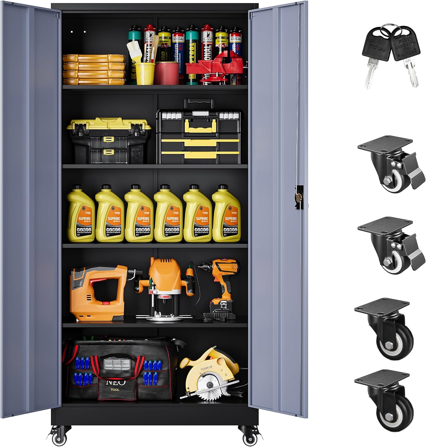 75 Inch Tall Metal Storage Cabinet with Wheels for Versatile Use