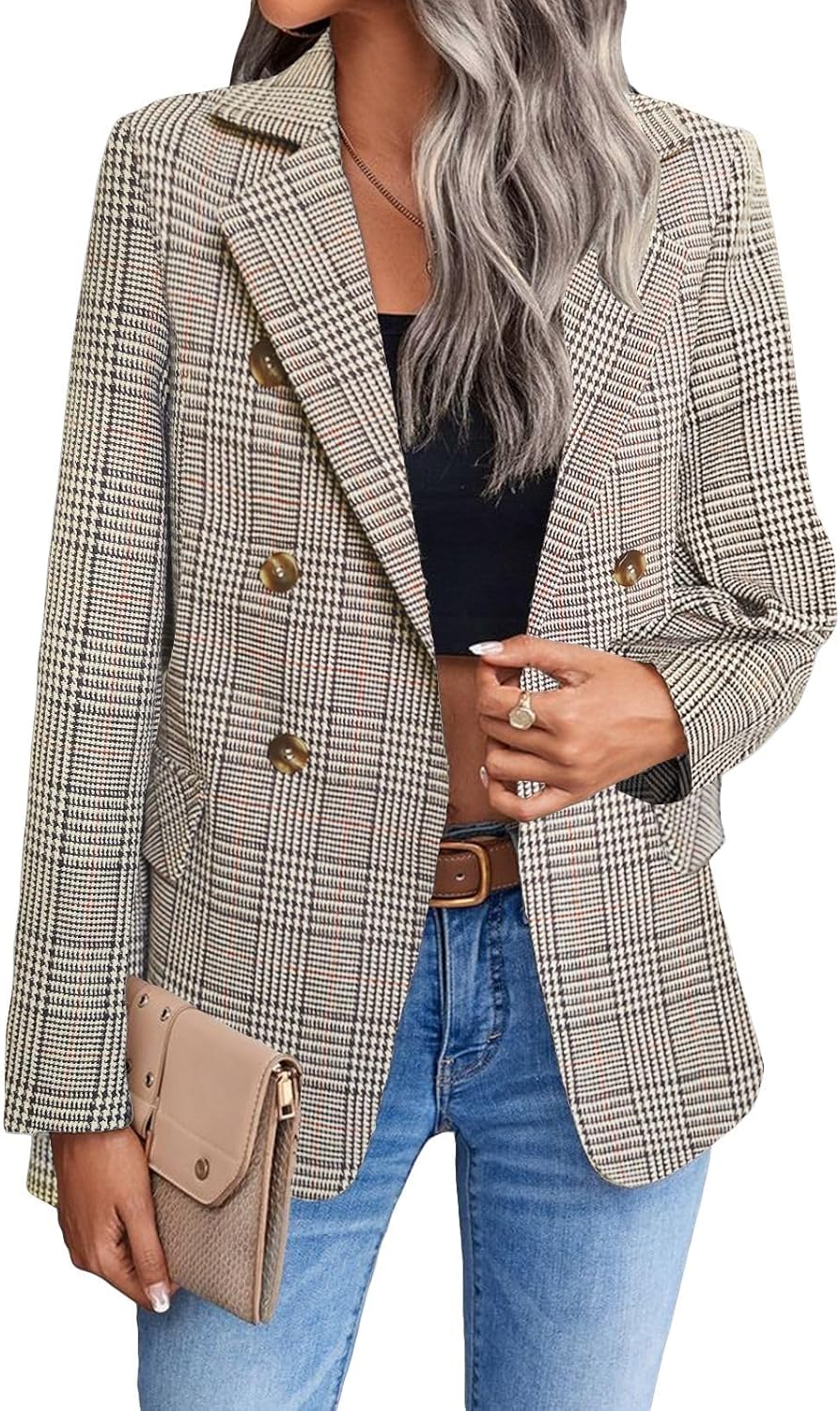Mina Self Women's Plaid Houndstooth Blazer Jacket for Work