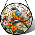 Stained Glass Window Hanging Blue Bird Pink Flower - Bright Suncatcher