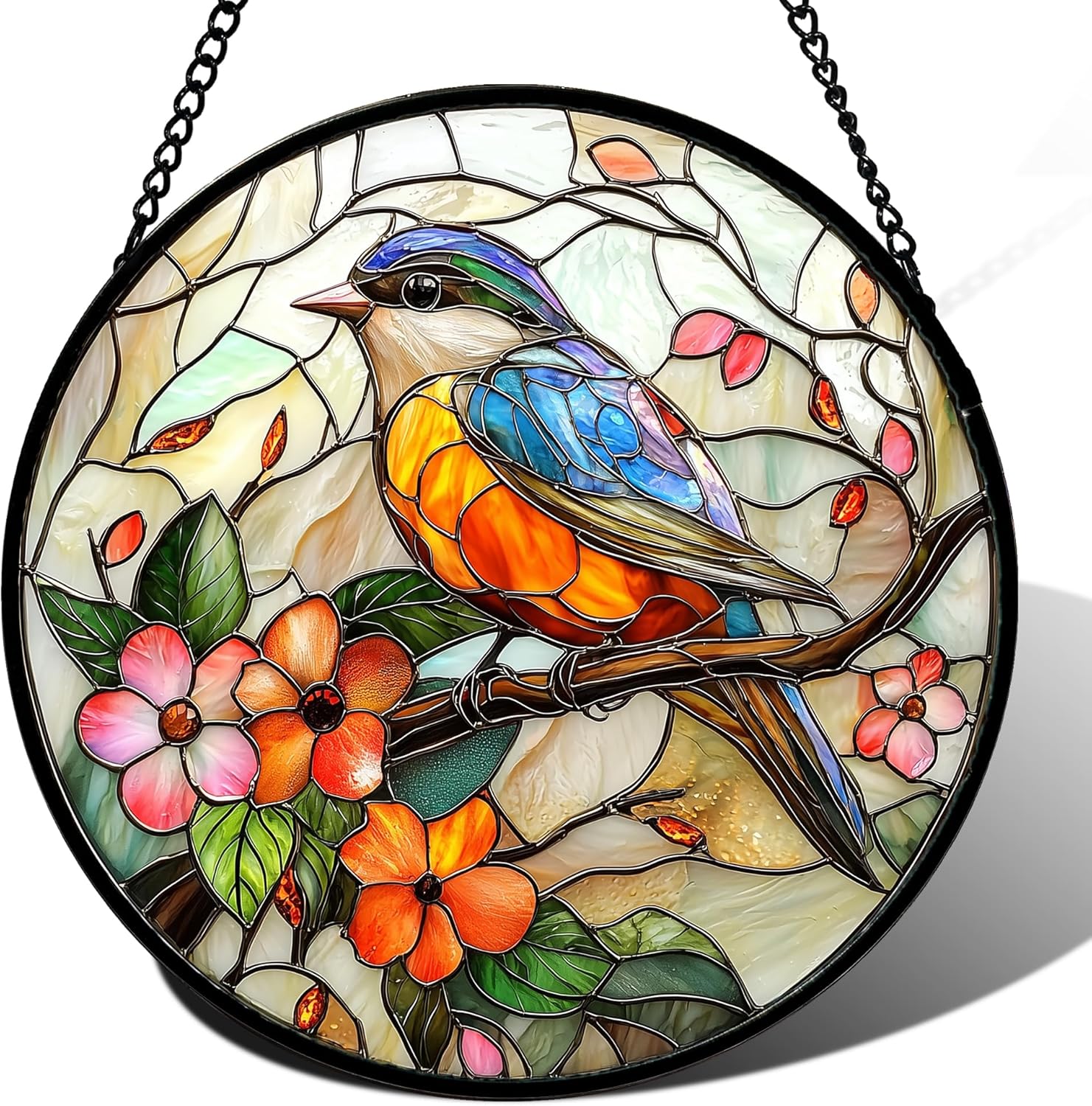 Stained Glass Window Hanging with Blue Bird and Pink Flower