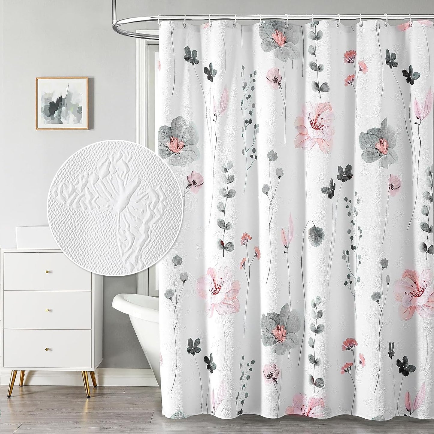 QiyI Long Shower Curtain 72 x 78 with Modern Floral Design