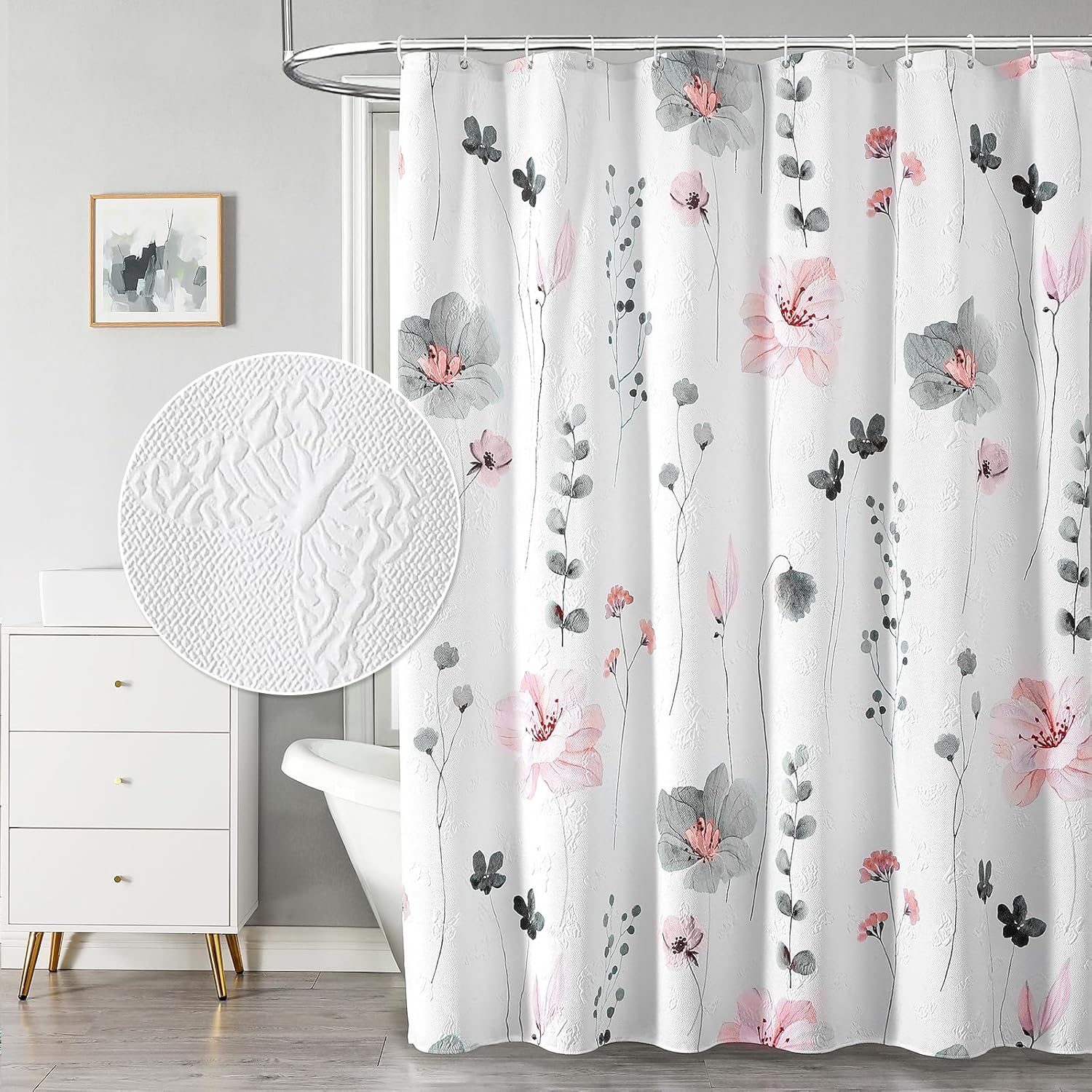 QiyI Long Shower Curtain 72 x 78 with Modern Floral Design
