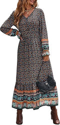 Long Sleeve Maxi Dress V Neck Button Down - Boho Floral Fit & Flare