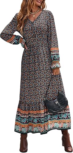 PRETTYGARDEN Long Sleeve Maxi Dress for Women - Boho Floral Style