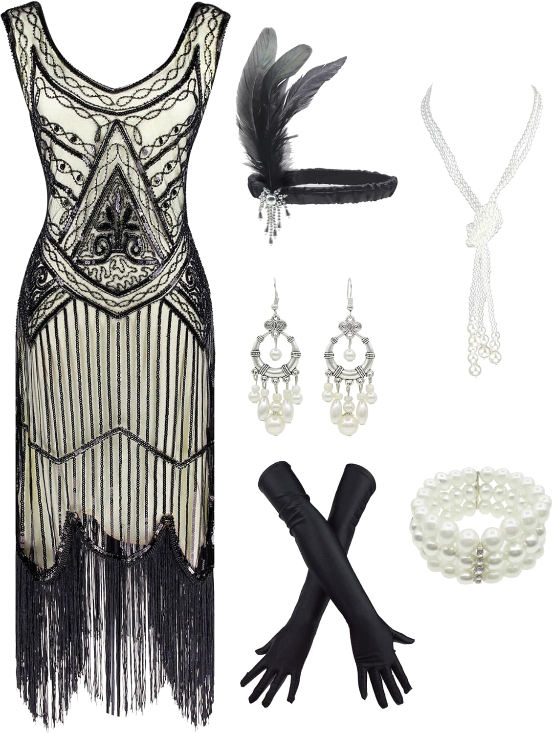 1920s Gatsby Sequin Fringed Flapper Dress with Accessories Set