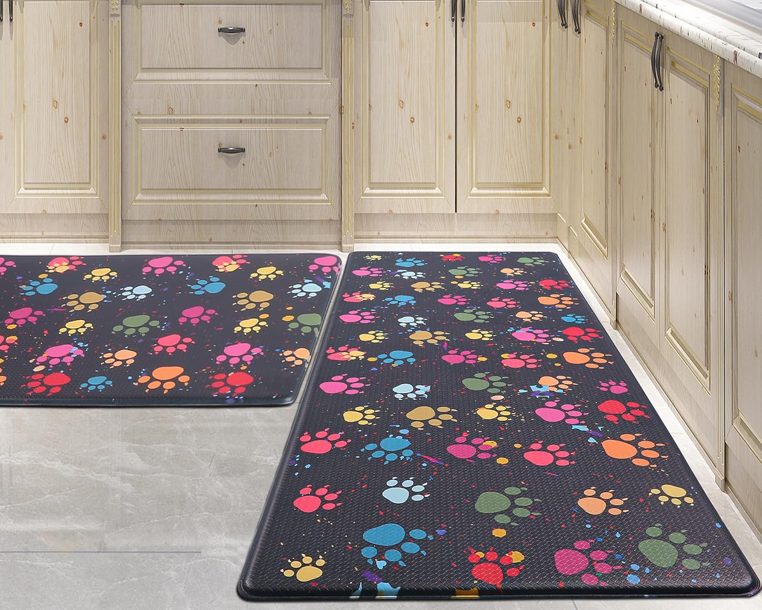 Cushioned Anti-Fatigue Kitchen Mat with Colorful Paws Design