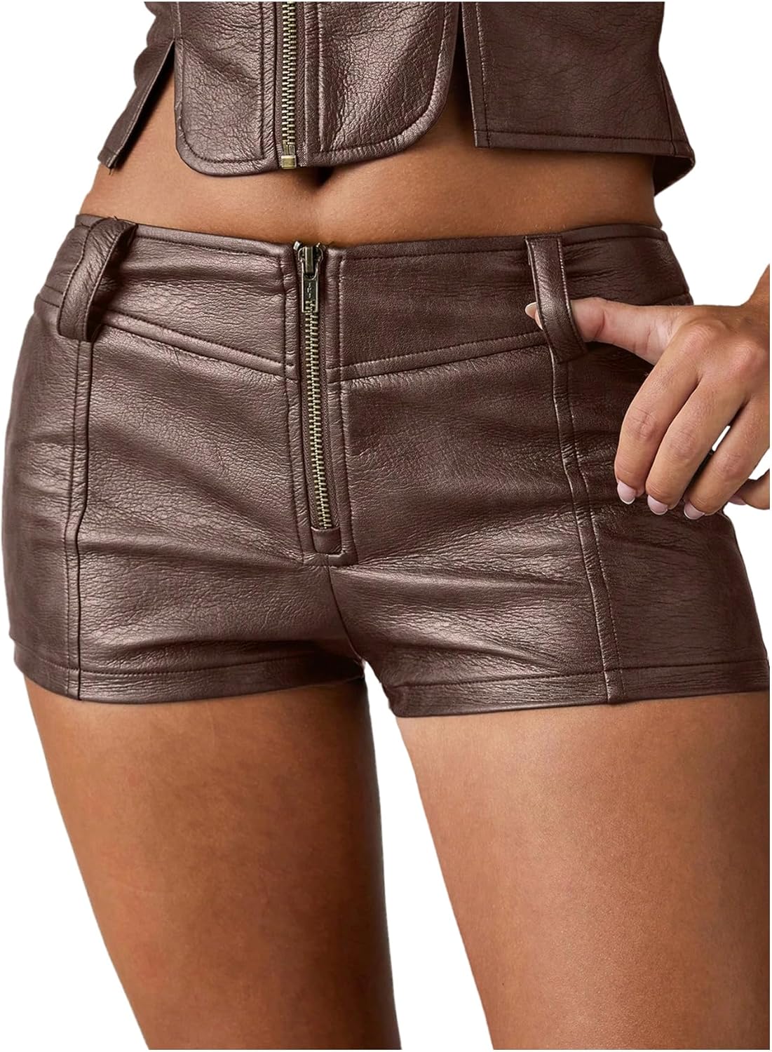 MakeMeChic Women's Brown Leather Micro Mini Shorts for Parties