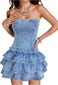 WDIRARA Strapless Layered Ruffle Denim Mini Dress - Flirty Summer Fit