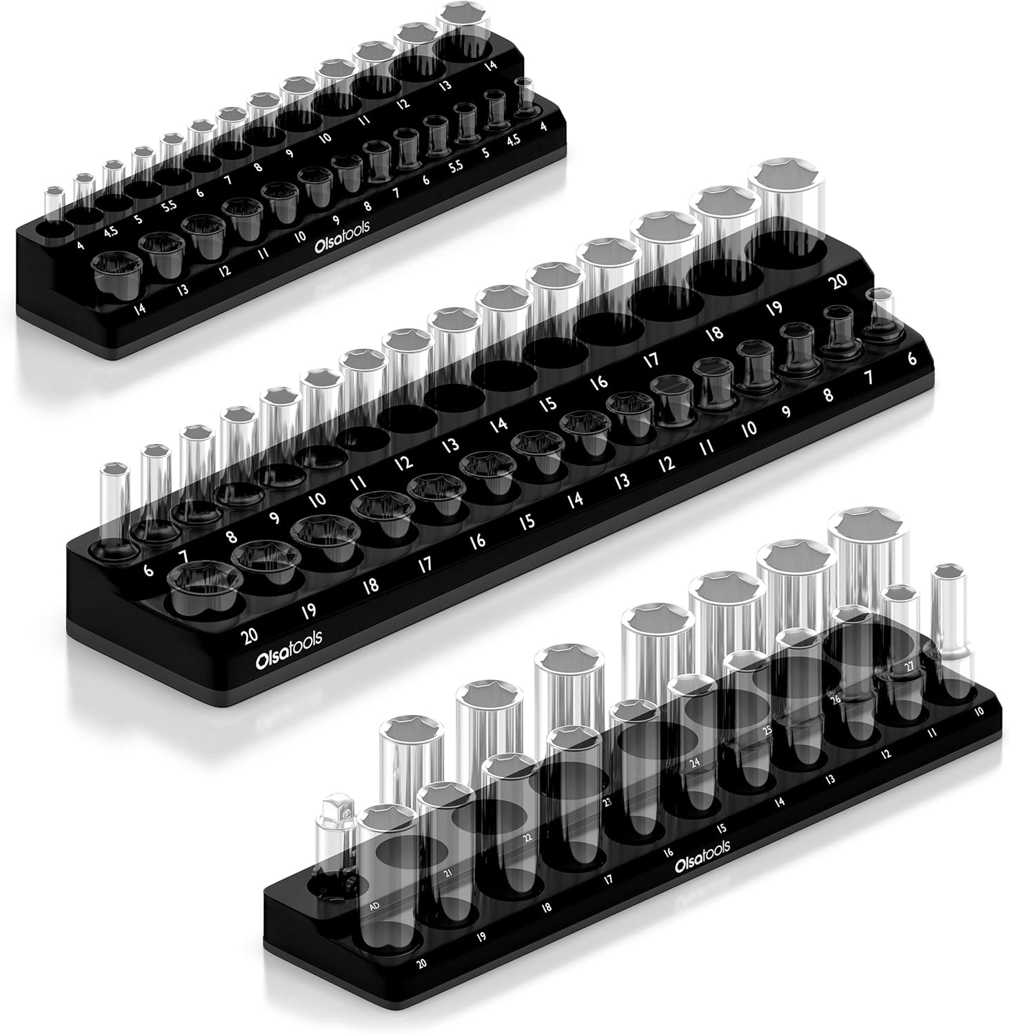 Olsa Tools Magnetic Socket Organizer for 75 Sockets - 3 Piece Kit
