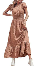 Boho Swiss Dot Ruffle Tiered Maxi Dress - Smocked V Neck