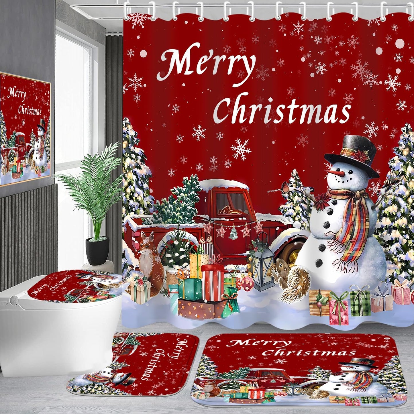 Red Christmas Shower Set: Snowman & Red Truck; Festive Bathroom Decor