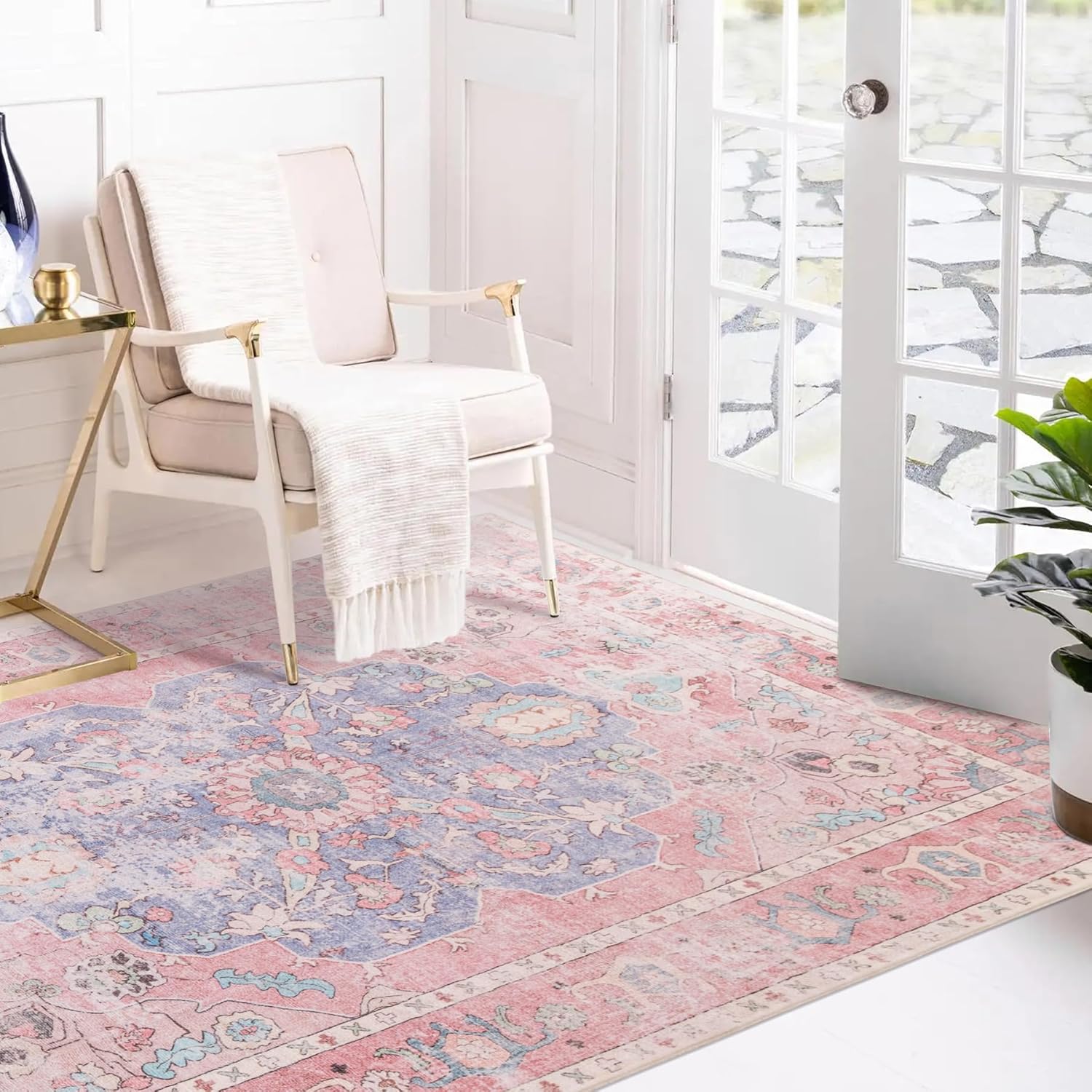 Vintage Ocean Pink Mixed Area Rug with Non Slip Backing