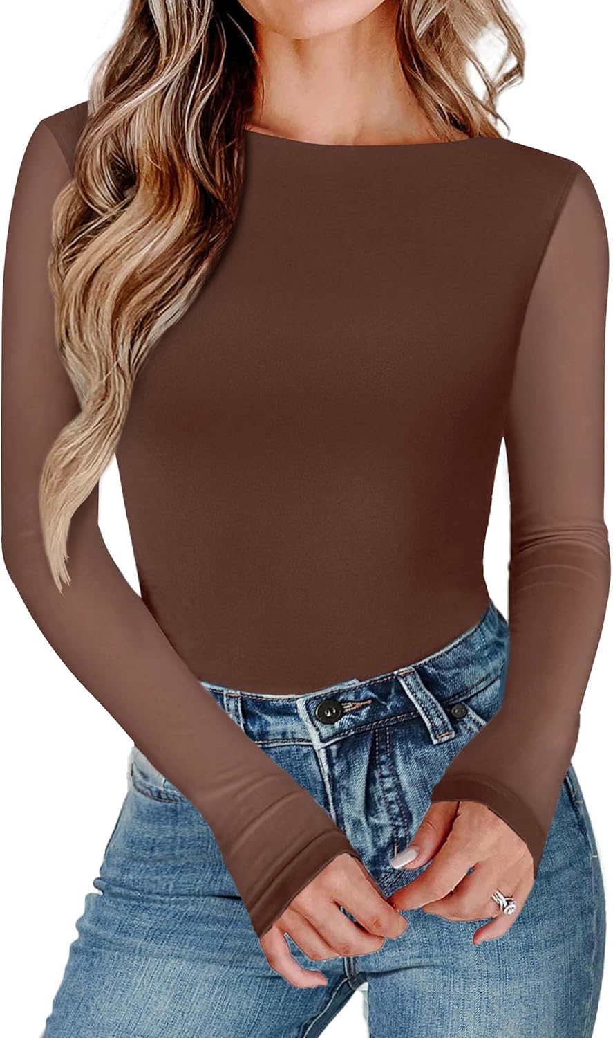 Avidlove Long Sleeve Bodysuit with Mesh Boat Neck for Women