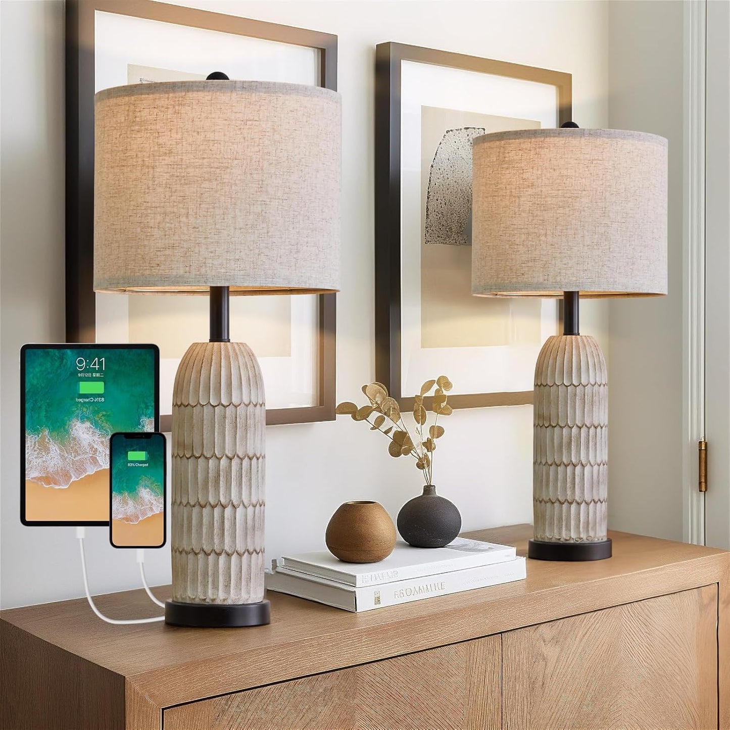 26.5 in Table Lamps Set of 2 with USB Charging Ports for Bedrooms