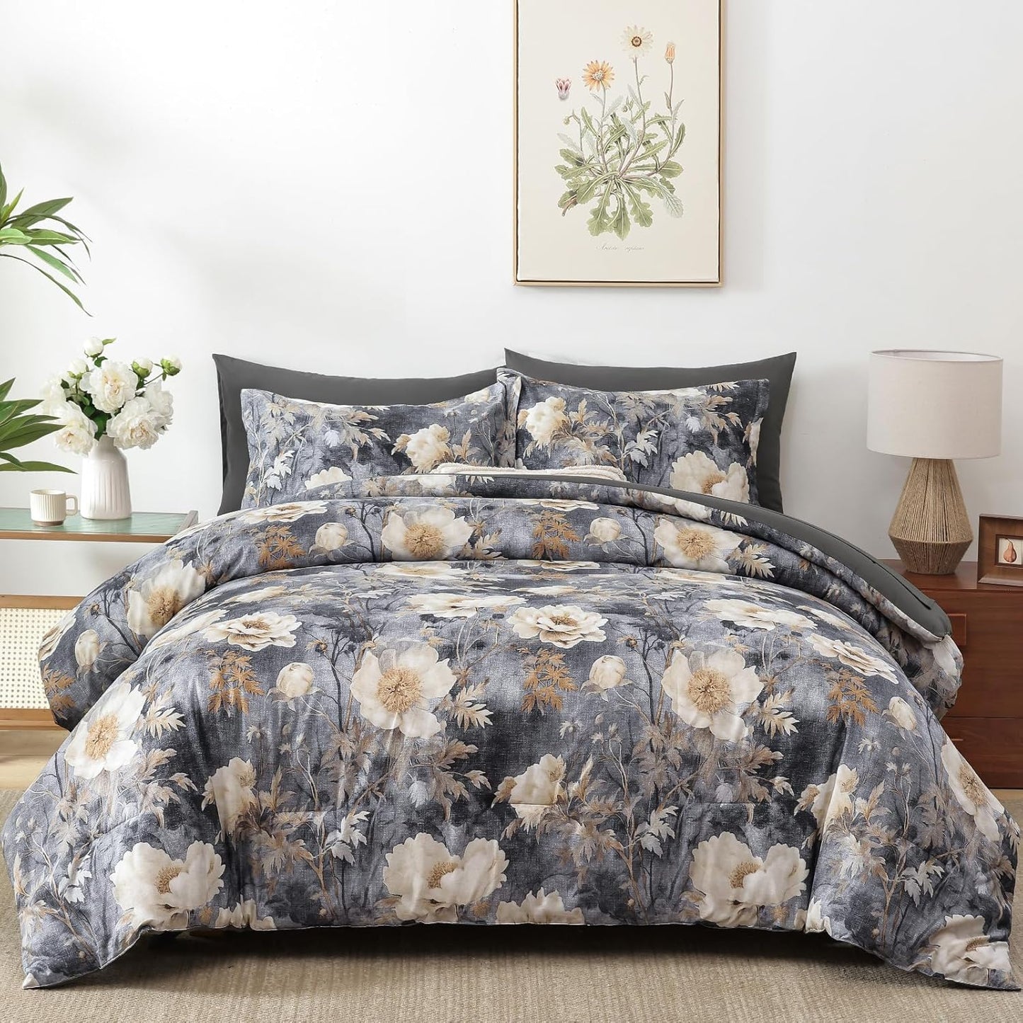WONGS BEDDING White Floral Comforter Set Queen Size for Comfort