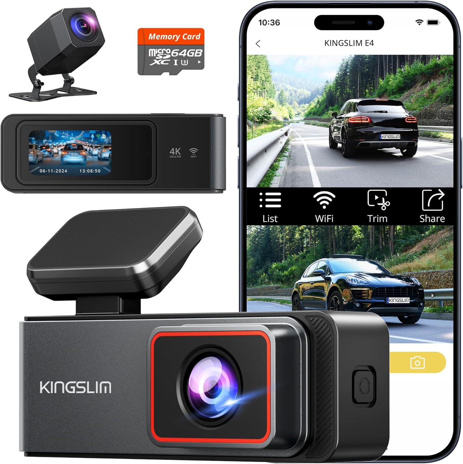 Kingslim 4K Dash Cam Front and Rear with Night Vision Features