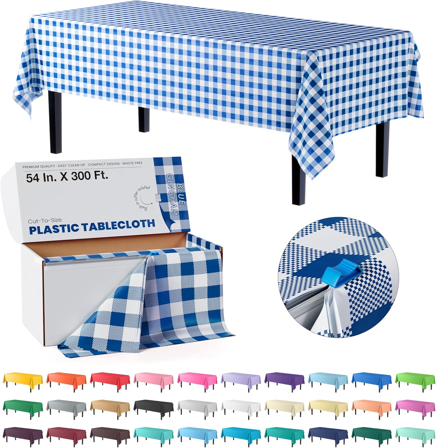 Party Solids Blue Gingham Plastic Table Cover Roll for Events