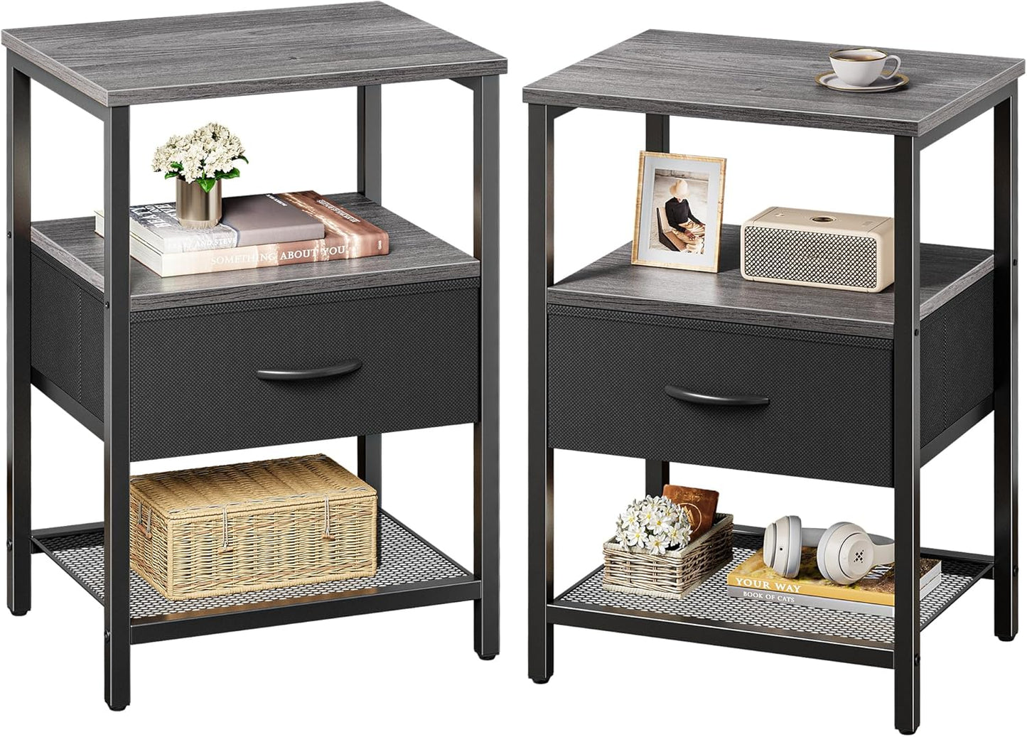 Huuger Nightstand Set of 2 with Fabric Drawer and Mesh Shelf