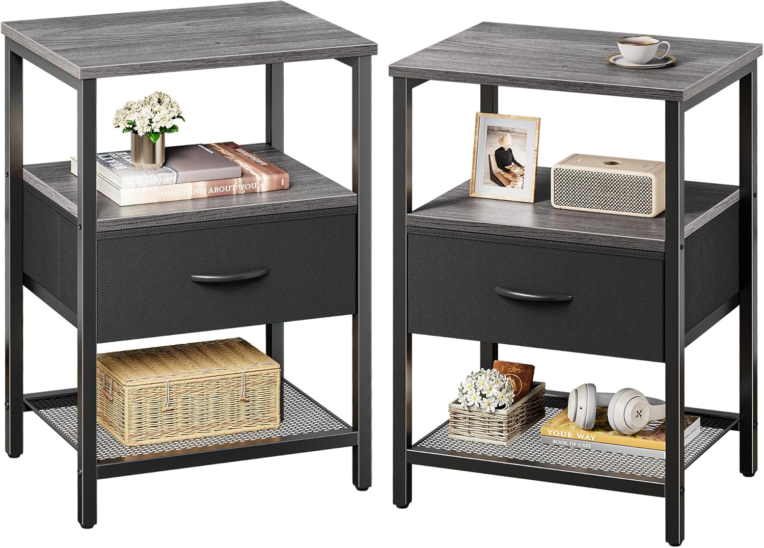 Huuger Nightstand Set of 2 with Fabric Drawer and Mesh Shelf