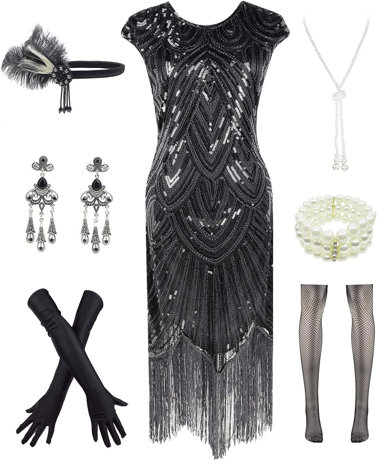 Vintage Lace Fringed Gatsby 1920s Cocktail Dress with Accessories