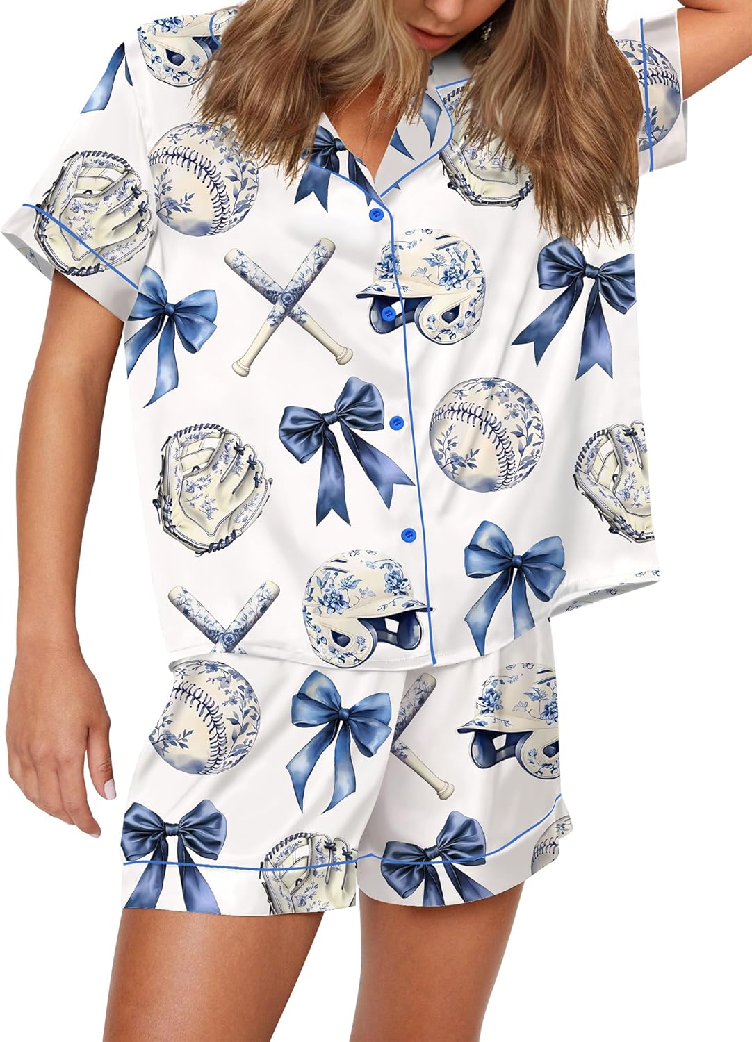 Satin Pajamas for Women Set with Sport Ball Print Pjs XS-XXL