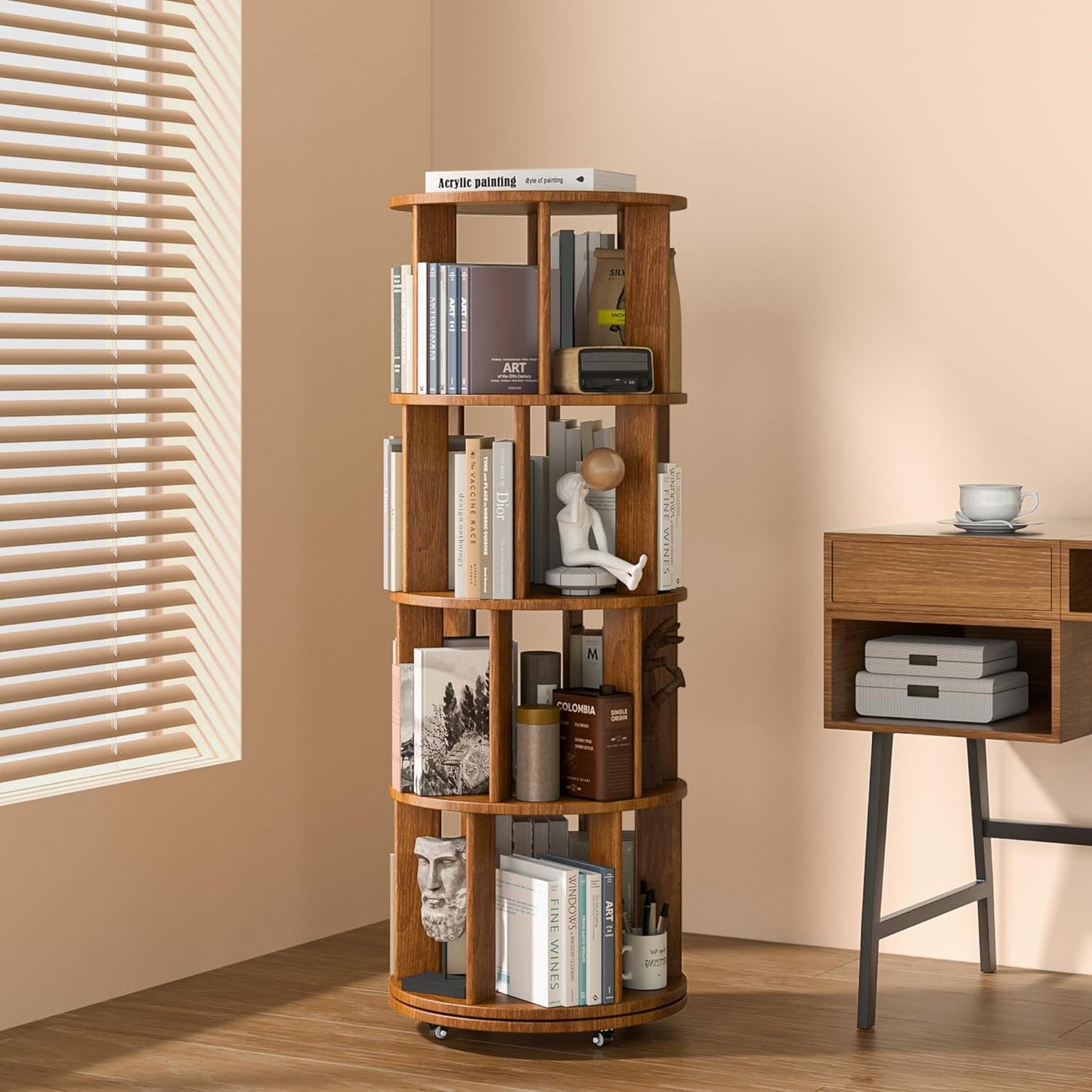 4 Tier Rotating Bookshelf Tower for Kids Room and Living Room
