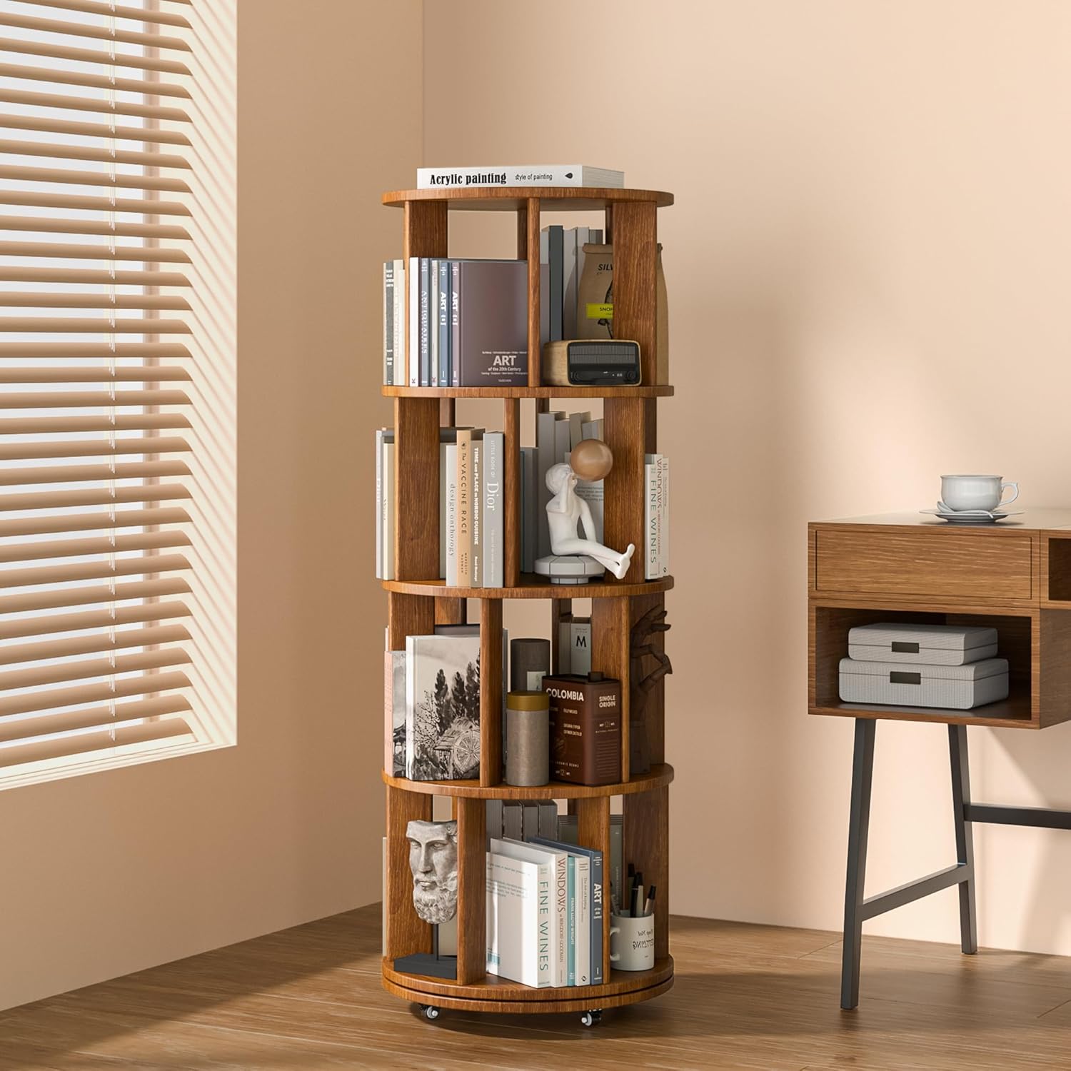 4 Tier Rotating Bookshelf Tower for Kids Room and Living Room