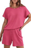 Two Piece Summer Lounge Set for Women - Knit Shorts & Short Sleeve Top