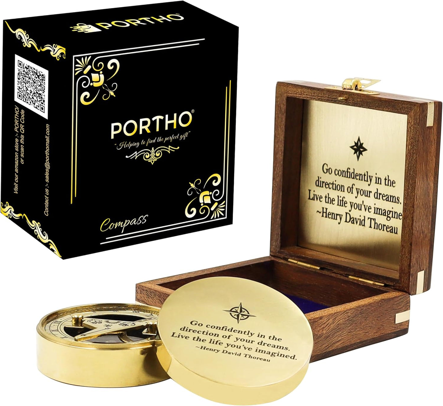 PORTHO Thoreau's Go Confidently Compass in Wooden Box Gift