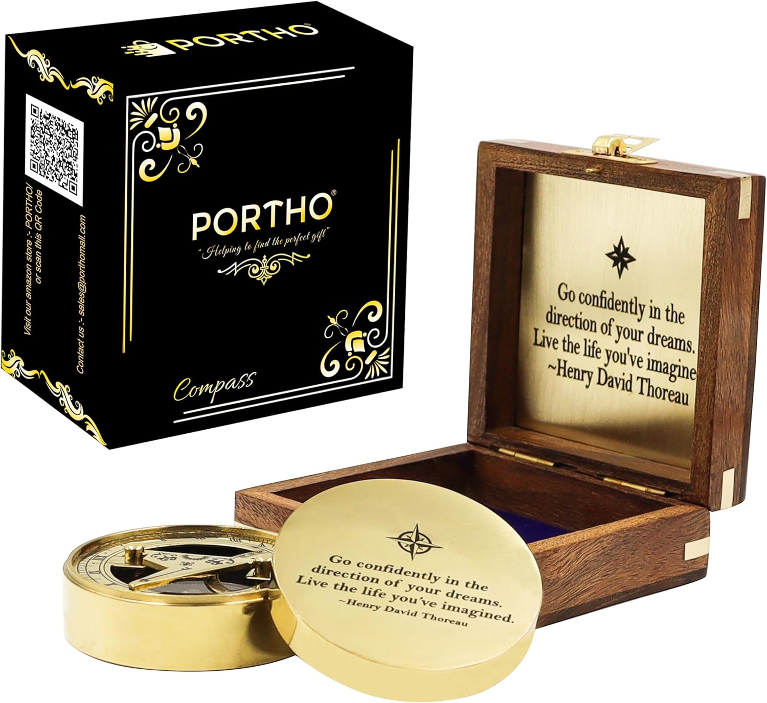 PORTHO Thoreau's Go Confidently Compass in Wooden Box Gift