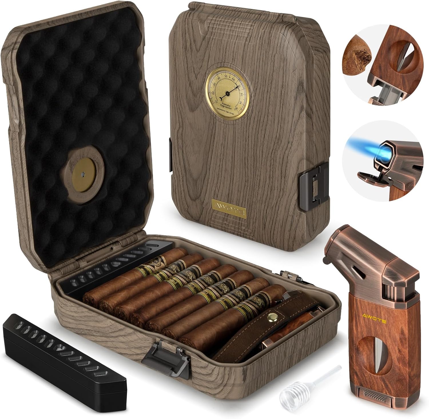 Travel Cigar Humidor Case with V Cut Cutter and Accessories