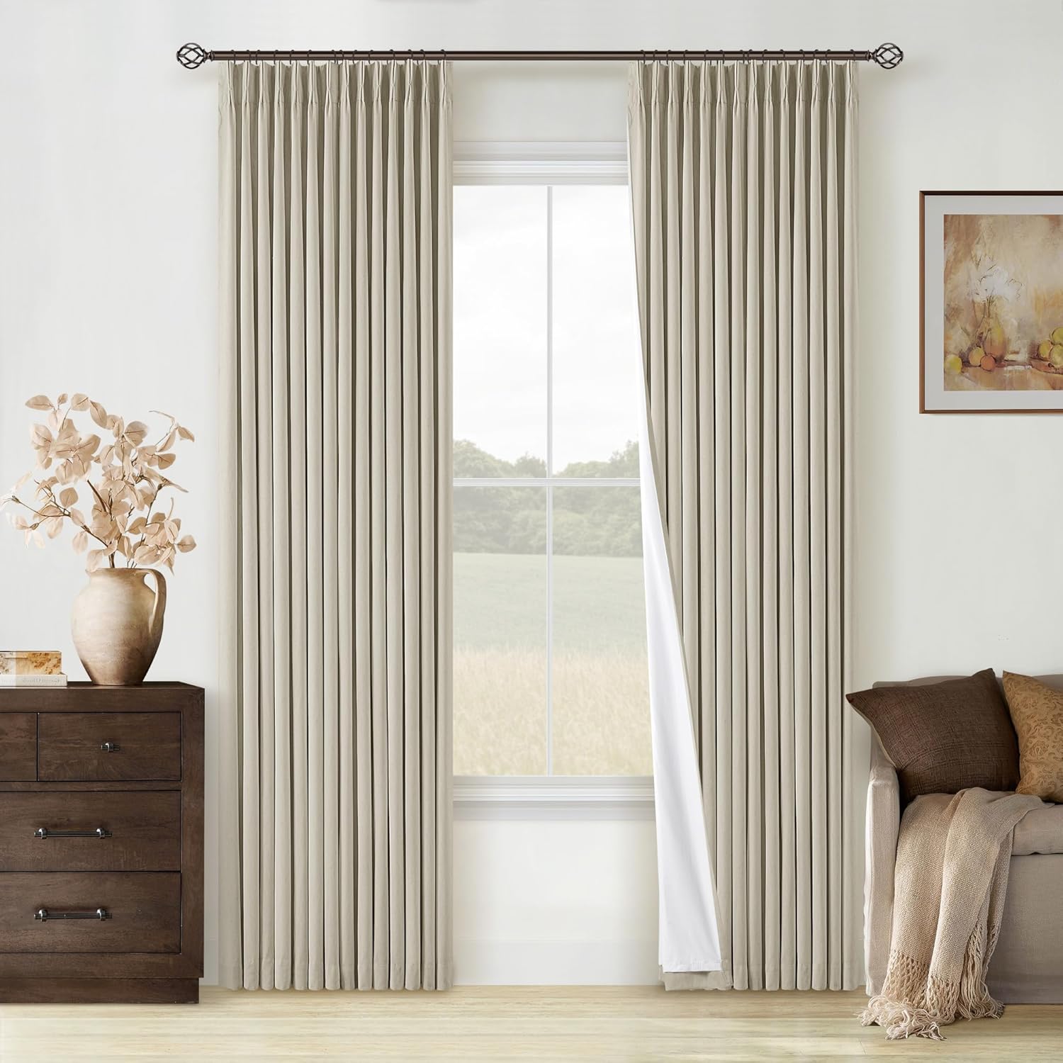 Beige Pinch Pleated 100% Blackout Linen Curtains for Bedroom
