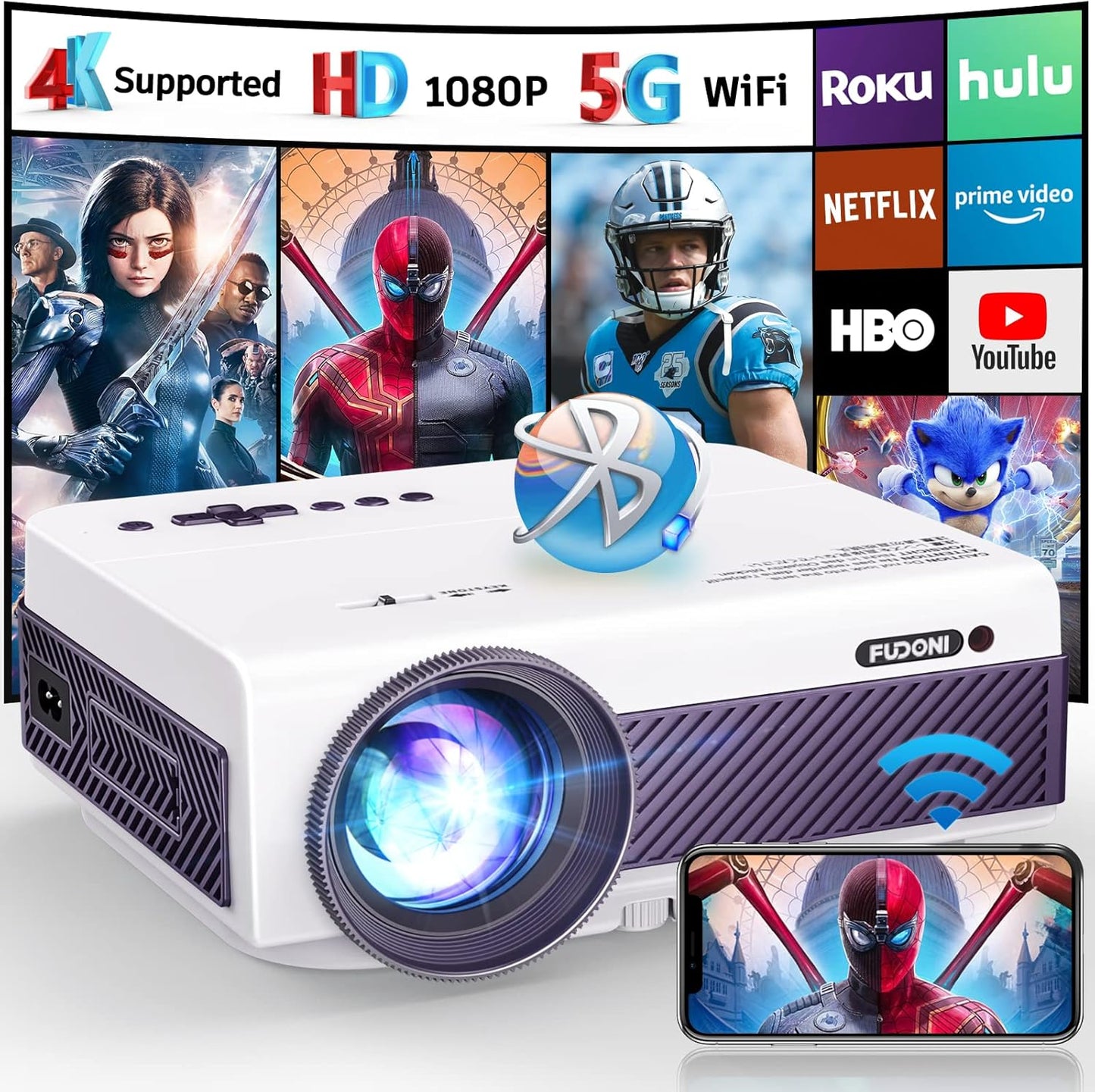 Ultra HD Wireless Projector by FUDONI - Native 1080P, 4K Support