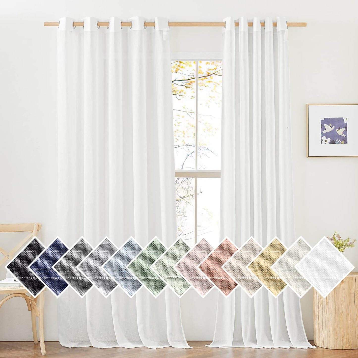 Faux Flax Linen Light Filtering Sheer Curtains for Sliding Door