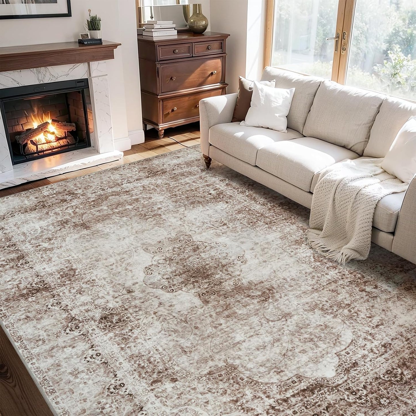 Brown Washable 5x7 Area Rugs for Living Room and Bedroom