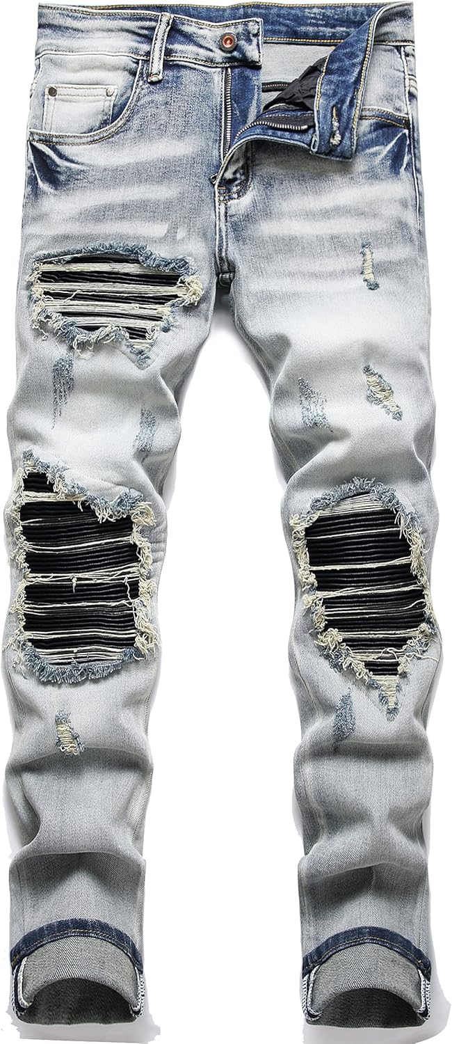 OIIIO Men's Patch Ripped Stretch Regular Fit Jean for Style