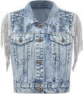 Women's Denim Vest with Pearl Beading and Sequin Fringe Detail