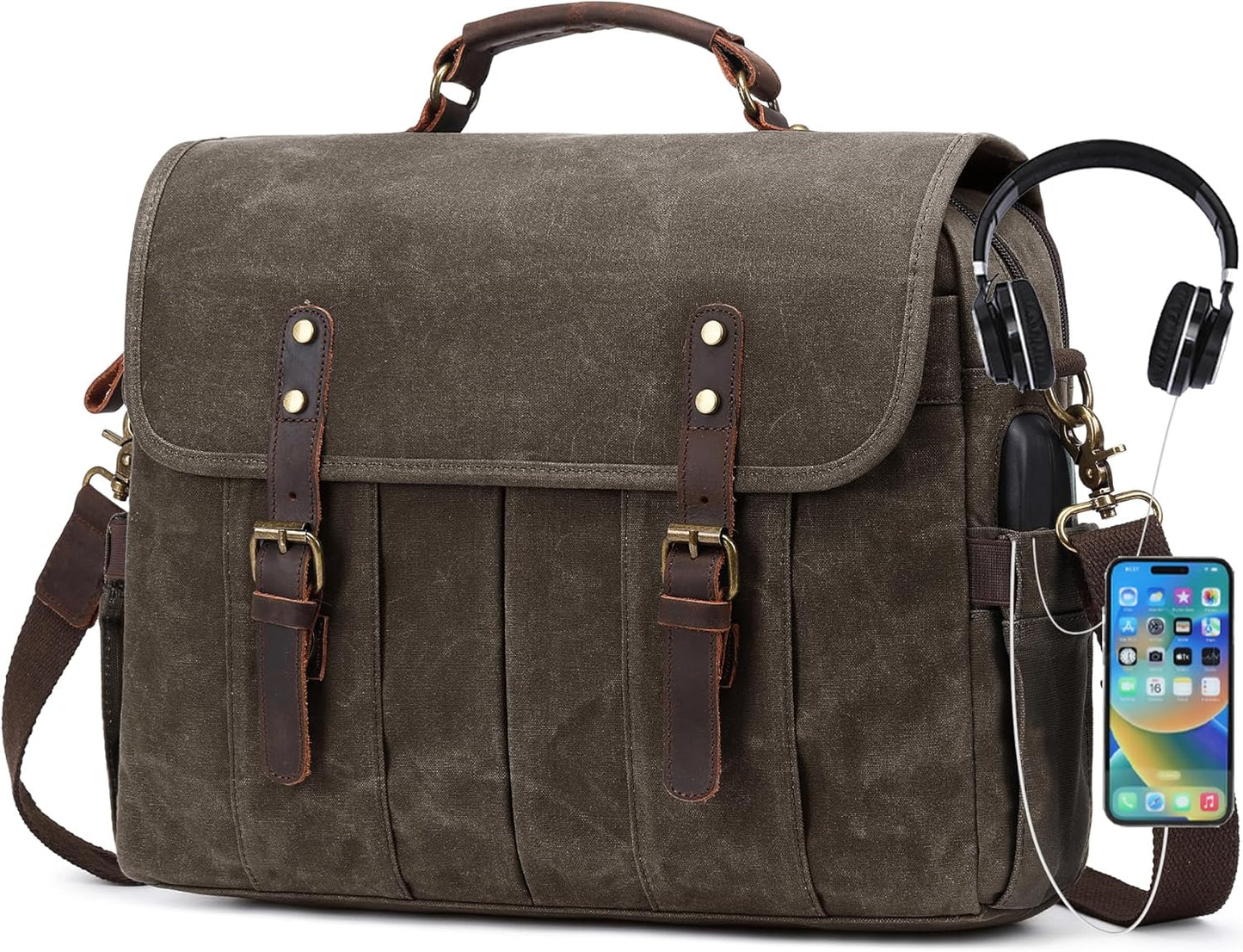 Vintage Canvas Messenger Bag for Men with Genuine Leather