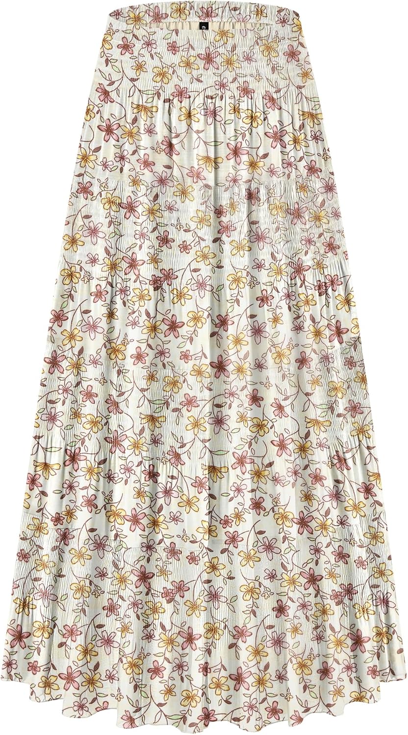 Chiffon Elastic High Waist Tiered Floral Maxi Skirt for Women